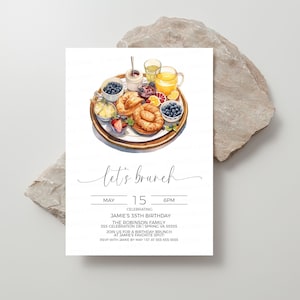 May include: A brunch invitation featuring a watercolour illustration of a breakfast platter with croissants, fruit, and berries. The invitation reads "let's brunch" with the date and time: 15th May at 6pm. It also includes the event details: celebrating Jamie's 35th birthday, the Robinson family, the address, and RSVP information.