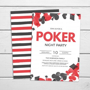 May include: A white poker night party invitation with red and black playing card suits. The invitation includes the text "Join us for a Poker Night Party" with the date and time of the event. The invitation is decorated with a red and black striped pattern.