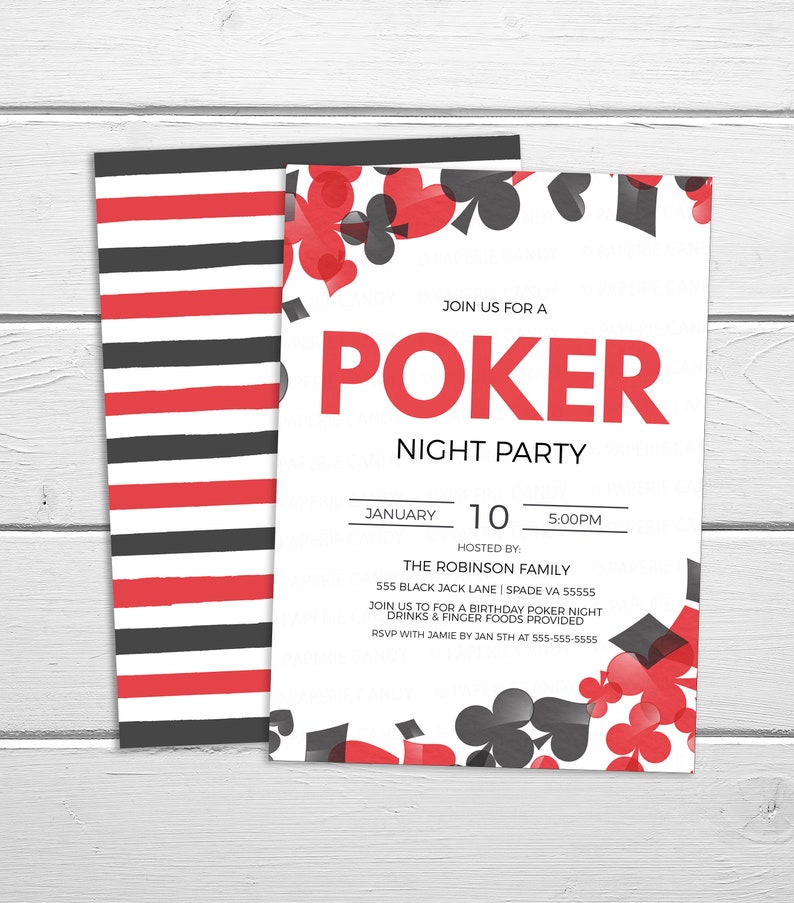 May include: A white poker night party invitation with red and black playing card suits. The invitation includes the text "Join us for a Poker Night Party" with the date and time of the event. The invitation is decorated with a red and black striped pattern.