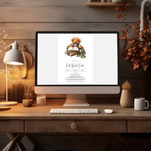 Pode incluir: Um convite digital para uma reuni&atilde;o do Clube do Livro de Outono em 25 de outubro &agrave;s 18:00. A reuni&atilde;o ser&aacute; realizada na The Robinson Home, 123 Main Street, Anytown, USA. O convite apresenta uma ilustra&ccedil;&atilde;o em aquarela de uma pilha de livros, uma caneca e ab&oacute;boras.