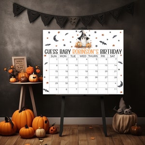 Calendario de fecha de vencimiento del baby shower de Halloween, Little Boo debe adivinar el calendario de cumpleaños, signo editable del juego de predicción del baby shower de Halloween