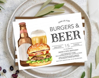 May include: A white invitation card with a watercolor illustration of a hamburger, a bottle of beer, and a glass of beer. The text on the card reads "Join us for Burgers & Beer" and "January 15, 5:00PM to celebrate Jamie's 35th Birthday".