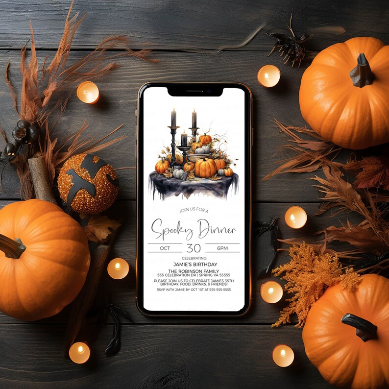 May include: A digital invitation for a spooky dinner party on October 30th, celebrating a birthday. The invitation features a watercolor illustration of a table setting with pumpkins, candles, and a black tablecloth. The text on the invitation reads "Join us for a Spooky Dinner, Oct 30, Celebrating Jamie's Birthday, 6pm, The Robinson Family, 555 Celebration Dr Spring, VA 55555, Please join us to celebrate Jamie's 30th Birthday, Food, Drinks & Friends, RSVP with Jamie by Oct 1st at 555-555-5555."