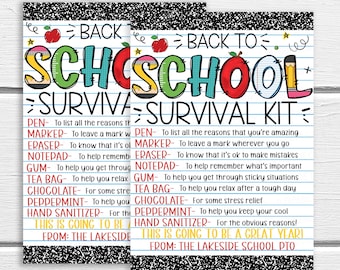 Back To School Survival Kit Gift Tag, Welcome Back First Day, Gift For Teachers Staff Students PTO PTA, Editable Printable Instant Download