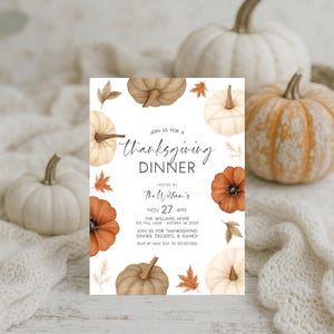 May include: Thanksgiving dinner invitation featuring watercolor pumpkins and fall foliage. The invitation text reads "Join us for a Thanksgiving Dinner" hosted by The Williams on November 27th at 4 PM. RSVP by November 15th.