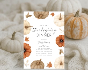 May include: Thanksgiving dinner invitation featuring watercolor pumpkins and fall foliage. The invitation text reads "Join us for a Thanksgiving Dinner" hosted by The Williams on November 27th at 4 PM. RSVP by November 15th.