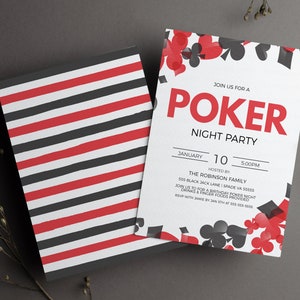 May include: A white invitation with red and black poker card symbols. The invitation is for a poker night party on January 10th at 5:00 PM. The party is hosted by the Robinson family at 505 Black Jack Lane, Spade VA 58585. The invitation says to join for a birthday poker night with drinks and finger foods provided.