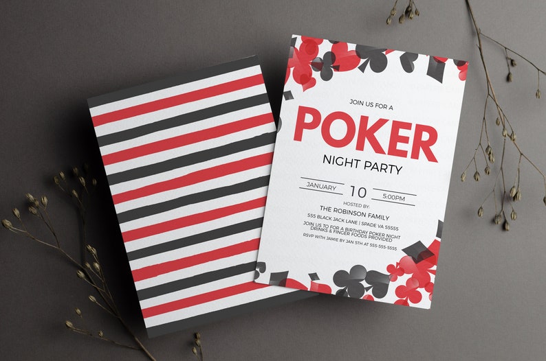 May include: A white invitation with red and black poker card symbols. The invitation is for a poker night party on January 10th at 5:00 PM. The party is hosted by the Robinson family at 505 Black Jack Lane, Spade VA 58585. The invitation says to join for a birthday poker night with drinks and finger foods provided.