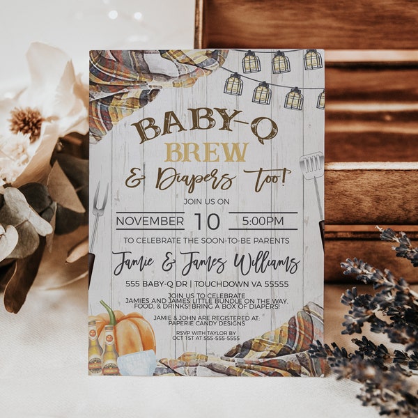 Fall Baby-Q Brew Diaper Shower Invitation, Autumn BBQ Beer Diapers Invite, Backyard Barbecue, Couples Baby Shower, Editable Printable