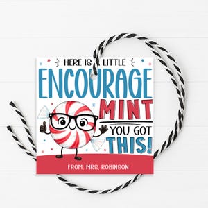 Puede incluir: Una etiqueta de regalo cuadrada con un caramelo de menta de dibujos animados con gafas y un pulgar hacia arriba. La etiqueta tiene el texto "Here is a little encourage mint, you got this!" y "From: Mrs. Robinson" en azul y rojo.