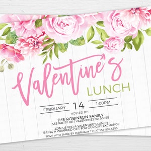 May include: A pink and green Valentine's Day lunch invitation with a floral border. The text reads "Valentine's Lunch" with the date "February 14" and time "1:00PM". The invitation is hosted by the Robinson Family at 555 Party Dr, Valentines VA 55555. It invites guests to join for a Valentine's lunch and bring a wrapped gift for a gift exchange. RSVP with Jamie by February 1st at 555-555-5555.