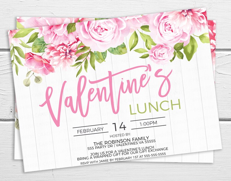 May include: A pink and green Valentine's Day lunch invitation with a floral border. The text reads "Valentine's Lunch" with the date "February 14" and time "1:00PM". The invitation is hosted by the Robinson Family at 555 Party Dr, Valentines VA 55555. It invites guests to join for a Valentine's lunch and bring a wrapped gift for a gift exchange. RSVP with Jamie by February 1st at 555-555-5555.