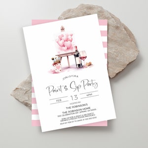 Paint & Sip Party Invitation, Valentine's Mother's Day Wine Painting Party Invite, Galentine's Drinks Bites Party Digital Template Printable
