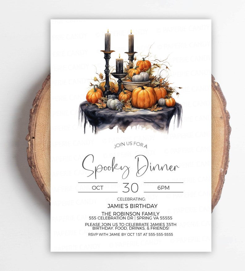 May include: A spooky dinner invitation with a watercolor illustration of a table with pumpkins, candles, and grapes. The text reads "Join us for a Spooky Dinner, Oct 30, 6pm, Celebrating: Jamie's Birthday, The Robinson Family, 555 Celebration Dr | Spring VA 55555, Please join us to celebrate Jamie's 35th birthday. Food, drinks, & friends! RSVP with Jamie by Oct 1st at 555-555-5555."