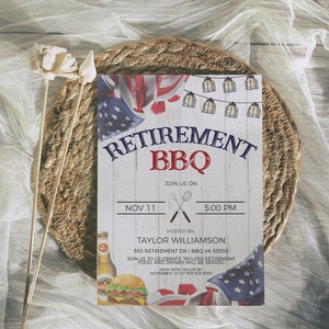 Invitación patriótica a la barbacoa de jubilación, invitación a la comida al aire libre de la policía militar, Guardia Costera del Ejército de los Marines de la Fuerza Aérea de la Marina, cerveza de hamburguesa imprimible editable