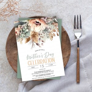 May include: A Mother's Day celebration invitation featuring a watercolour floral design in shades of green, brown, and beige. The invitation includes the text "Join us for a Mother's Day Celebration" with the date "May 15" and time "11AM".