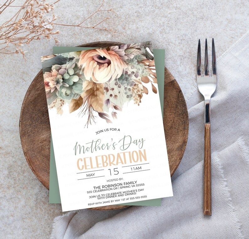 May include: A Mother's Day celebration invitation featuring a watercolour floral design in shades of green, brown, and beige. The invitation includes the text "Join us for a Mother's Day Celebration" with the date "May 15" and time "11AM".