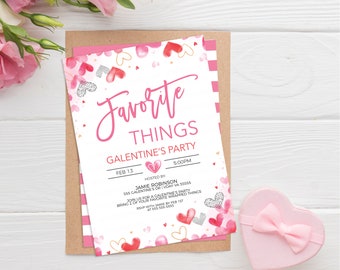 Puede incluir: Una invitación rosa y blanca con un diseño de corazón. La invitación es para una fiesta de Galentine's el 13 de febrero a las 5:00 PM. El texto de la invitación dice "Favorite Things Galentine's Party" e incluye el nombre del anfitrión, la dirección y la información de RSVP.