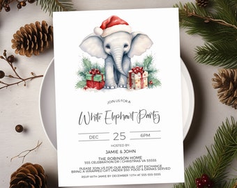 May include: White Elephant Party invitation featuring a watercolour illustration of a charming elephant wearing a Santa hat and holding gifts. The invitation includes the date, time, location, and RSVP details.