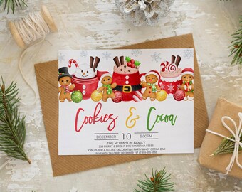 May include: A Christmas party invitation with a watercolor illustration of gingerbread men and mugs of hot cocoa. The text reads "Cookies & Cocoa" with the date and time of the party, the family name, address, and RSVP information.