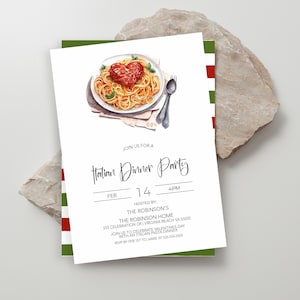 Convite para jantar com massa italiana, jantar de ensaio de noivado com macarrão espaguete, jantar dos namorados, jantar do dia das mães, aniversário editável