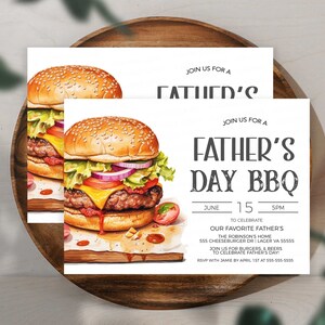 May include: Invitation to a Father's Day BBQ with a picture of a juicy burger. The invitation includes the date, time, and location of the event. RSVP by April 1st.