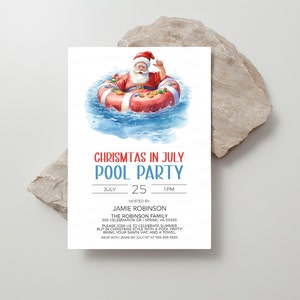Weihnachten im Juli-Pool-Party-Einladung, Weihnachten im Sommer-Pool-Party-Einladung, Sommer-Santa-Pool-Party, bearbeitbare druckbare Vorlage