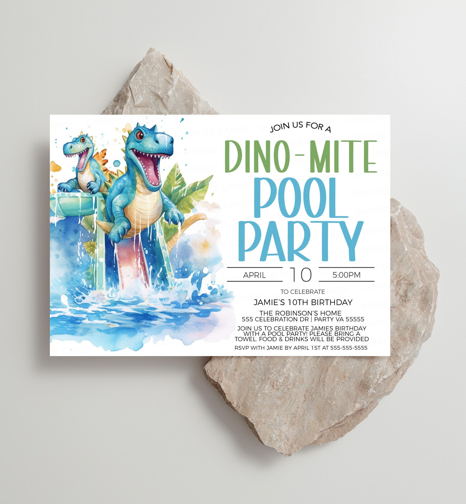 Dinosaur Pool Party Invitation, Dino Water Park Invite, Dinomite Water