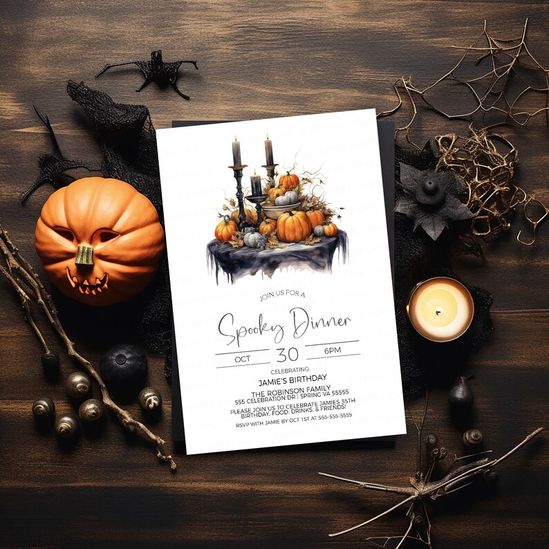 May include: A Halloween-themed dinner invitation with a watercolor illustration of a table setting with pumpkins, candles, and a black tablecloth. The text reads "Join us for a Spooky Dinner, Oct 30, 6PM, Celebrating Jamie's Birthday, The Robinson Family, 555 Celebration Dr, Spring, VA 55555, Please join us to celebrate Jamie's 15th Birthday, Food, Drinks & Friends, RSVP with Jamie by Oct 1st at 555-515-5035."