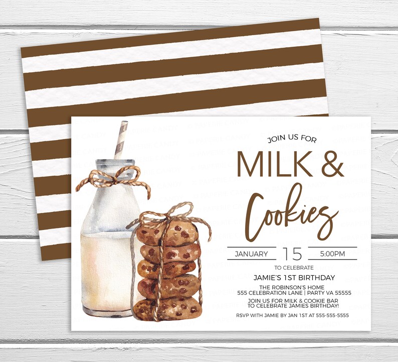 May include: Invitation to a "Milk & Cookies" party for a 1st birthday. The invitation features a watercolor illustration of a glass bottle of milk with a straw and a stack of chocolate chip cookies tied with twine. The text reads "Join us for Milk & Cookies, January 15, 5:00 PM, to celebrate Jamie's 1st Birthday, The Robinson's Home, 555 Celebration Lane, Party VA 55555, Join us for milk & cookie bar to celebrate Jamie's birthday! RSVP with Jamie by Jan 1st at 555-555-5555."