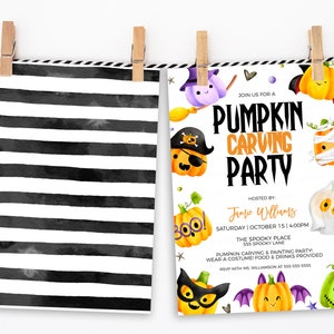 May include: A printable invitation for a pumpkin carving party. The invitation features a white background with colorful cartoon pumpkins and the text "Join us for a Pumpkin Carving Party" in black. The text "Hosted by Jamie Williams" is in black and the date and time of the party are listed below. The text "The Spooky Place 555 Spooky Lane" is in black. The text "Pumpkin carving & painting party. Wear a costume. Food & drinks provided. RSVP with Ms. Williamson at 555-555-5555" is in black.