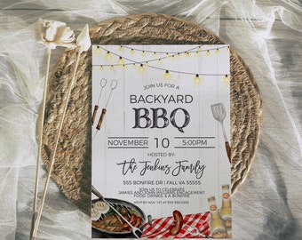 Backyard BBQ Invitation, Barbeque Burgers Beer Invite, Grilling Cookout Barbecue Party, Fall Summer Event Shower Editable Printable Template