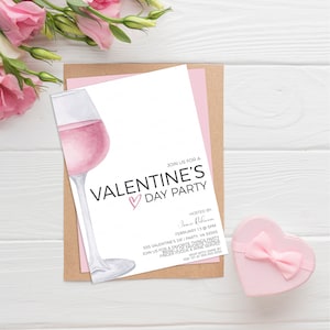 Alla hjärtans dag vininbjudan, redigerbar alla hjärtans dag lunchmiddagsinbjudan, vinprovning, vänners alla hjärtans dag-fest, Galentines utskrivbara redigerbara bild 1