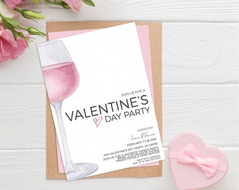 May include: A pink and white Valentine's Day party invitation with a watercolor illustration of a glass of pink wine. The invitation includes the text "Join us for a Valentine's Day Party" and details about the party, including the date, time, location, and host.