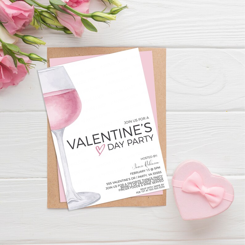 Alla hjärtans dag vininbjudan, redigerbar alla hjärtans dag lunchmiddagsinbjudan, vinprovning, vänners alla hjärtans dag-fest, Galentines utskrivbara redigerbara bild 1