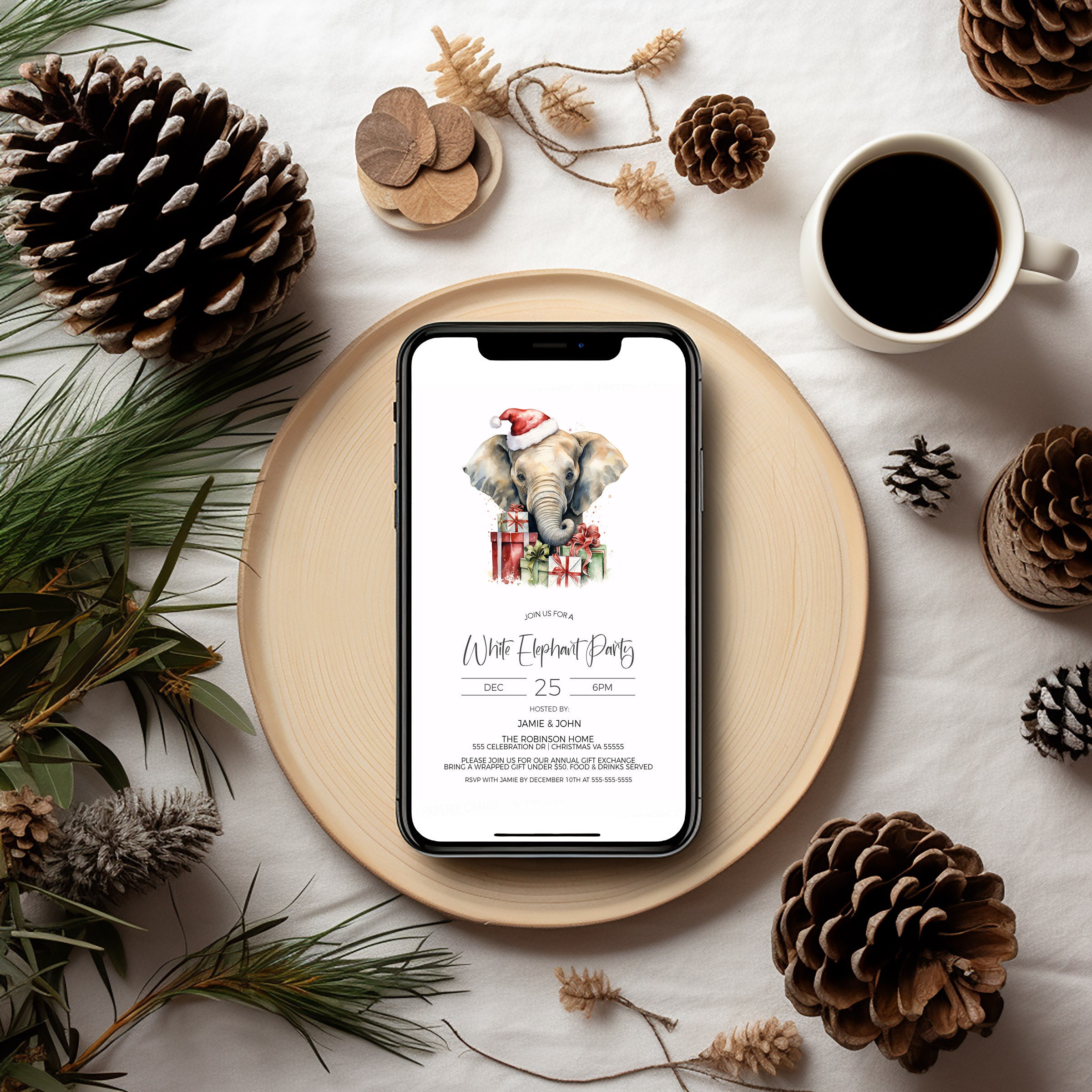 White Elephant Invitation, Holiday Gift Exchange Game Party Invite