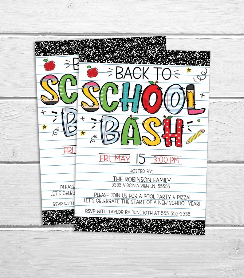 Pode incluir: Convite para um "Back to School Bash" com uma fonte colorida de estilo de desenho animado. O convite est&aacute; em um fundo branco com linhas azuis, como papel de caderno. O texto diz "Back to School Bash" com uma data e hora de "Fri, May 15, 3:00 PM". O convite tamb&eacute;m inclui o nome e o endere&ccedil;o do anfitri&atilde;o, e um pedido de RSVP.