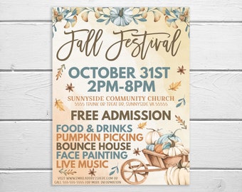 Puede incluir: Un folleto de festival de otoño con un fondo de acuarela con calabazas, hojas y flores. El folleto anuncia un evento gratuito el 31 de octubre de 2 pm a 8 pm en la Iglesia Comunitaria de Sunnyside. El evento incluye comida, bebidas, recolección de calabazas, un castillo inflable, pintura facial y música en vivo.