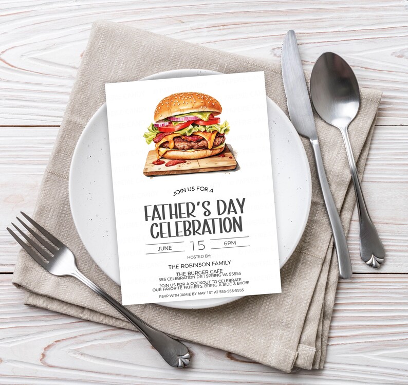 May include: A white Father's Day celebration invitation with a cartoon illustration of a hamburger. The invitation includes the date, time, and location of the event. It also includes the text "Join us for a Father's Day Celebration" and "Hosted by The Robinson Family".