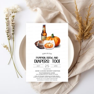 Fall Football Diaper Shower Invitation, Pumpkin Beer Football Diaper Invite, Fall Baby Sprinkle, Couples Baby Shower, Editable Printable