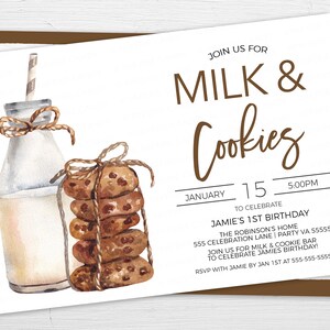 May include: A watercolor illustration of a milk bottle and a stack of cookies tied with twine. The invitation reads "Join us for Milk & Cookies January 15 5:00PM to celebrate Jamie's 1st Birthday The Robinson's Home 555 Celebration Lane | Party VA 55555 Join us for Milk & Cookie Bar to celebrate Jamie's Birthday! RSVP with Jamie by Jan 1st at 555-555-5555"