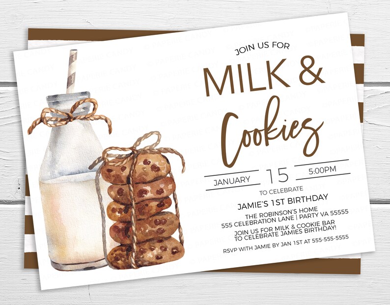 May include: A watercolor illustration of a milk bottle and a stack of cookies tied with twine. The invitation reads "Join us for Milk & Cookies January 15 5:00PM to celebrate Jamie's 1st Birthday The Robinson's Home 555 Celebration Lane | Party VA 55555 Join us for Milk & Cookie Bar to celebrate Jamie's Birthday! RSVP with Jamie by Jan 1st at 555-555-5555"