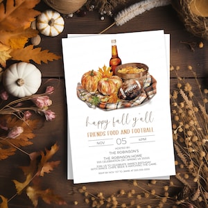 Fall Football Party Invitation, Happy Fall Ya&#39;ll, Friends Food & Football Invite, BBQ Burger Beer Football Game, 30th 35th 40th 45th 50th
