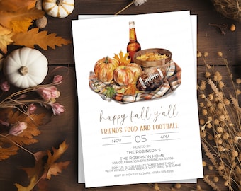 May include: A fall-themed invitation with a watercolor illustration of pumpkins, leaves, a football, a bottle of beer, and a bowl of chips. The text reads "happy fall y'all FRIENDS FOOD AND FOOTBALL NOV 05 4PM HOSTED BY THE ROBINSON'S THE ROBINSON HOME 555 CELEBRATION DR SPRING VA 55555 JOIN US TO CELEBRATE JAMIE'S BIRTHDAY WITH WINGS, CHIPS, BEER & WATCHING THE GAME. RSVP BY NOV 1ST TO JAMIE AT 555-555-5555"