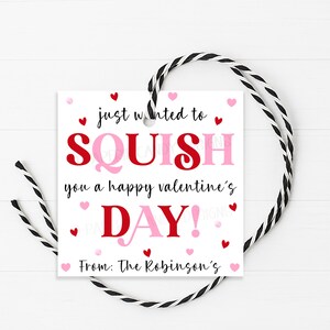 May include: A square Valentine's Day gift tag with the words "just wanted to SQUISH you a happy valentine's DAY!" in red and pink, with small heart accents. The tag is attached to a black and white twine.