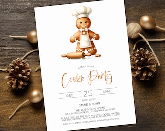 May include: A white invitation card with a gingerbread man illustration wearing a chef's hat and holding a rolling pin. The text reads "Join us for a Cookie Party" with the date and time: "Dec 25, 6PM". The invitation is for a cookie making and decorating party hosted by Jamie & John at The Robinson Home, 555 Celebration Dr, Christmas VA 55555. RSVP with Jamie by December 10th at 555-555-5555.