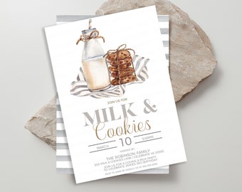 May include: A white invitation card with a watercolor illustration of a glass bottle of milk and a stack of chocolate chip cookies. The text on the card reads "Join us for Milk & Cookies March 10 5:00PM Hosted by The Robinson Family 555 Milk & Cookies Lane | Celebrate VA 55555 Join us for a cookie & milk party to celebrate Jamie's 3rd birthday RSVP to Jamie by March 1st at 555-555-4505"