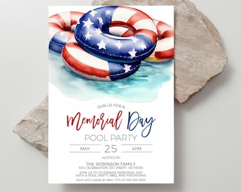 Memorial Day Pool Party Invitation, Memorial Day Pool Invite, Memorial Day BBQ Fireworks Pool Event, Editable Printable Template