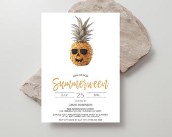 Summerween Party Invitation, Editable Summer Halloween Party, Spooky Pineapple Pumpkin Summer  Invite, Birthday Party, Printable Template