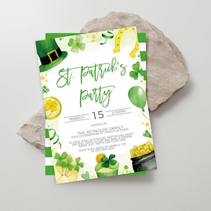 Puede incluir: Invitación a una fiesta de San Patricio con tréboles verdes, un sombrero de duende, una olla de oro y una magdalena. La invitación dice "Fiesta de San Patricio" e incluye la fecha "15 de marzo" y la hora "14:00".